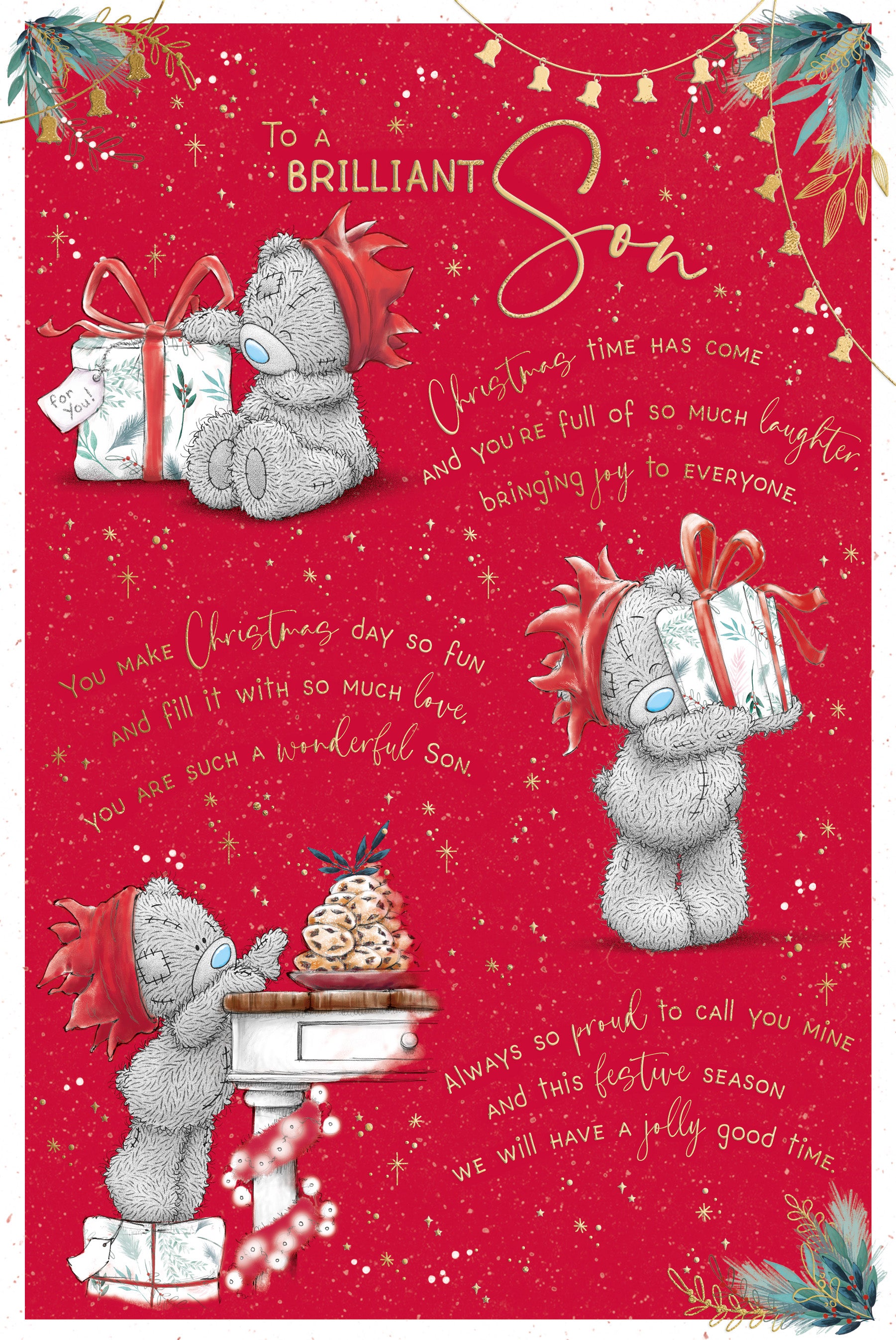 Son Christmas Card - Bear With Present And Mince