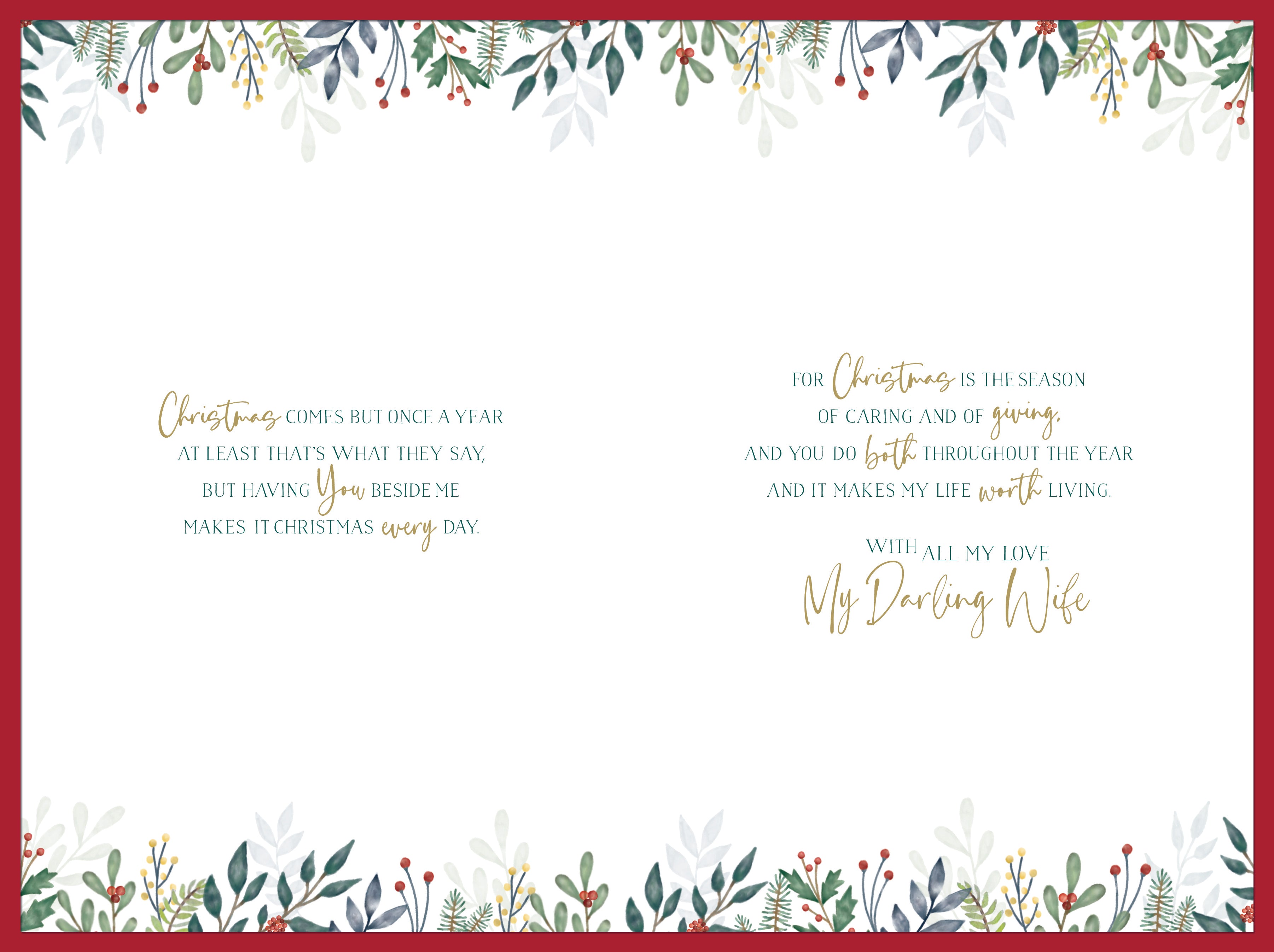 To My Darling Wife Christmas Card - Wofe Holly And Berries