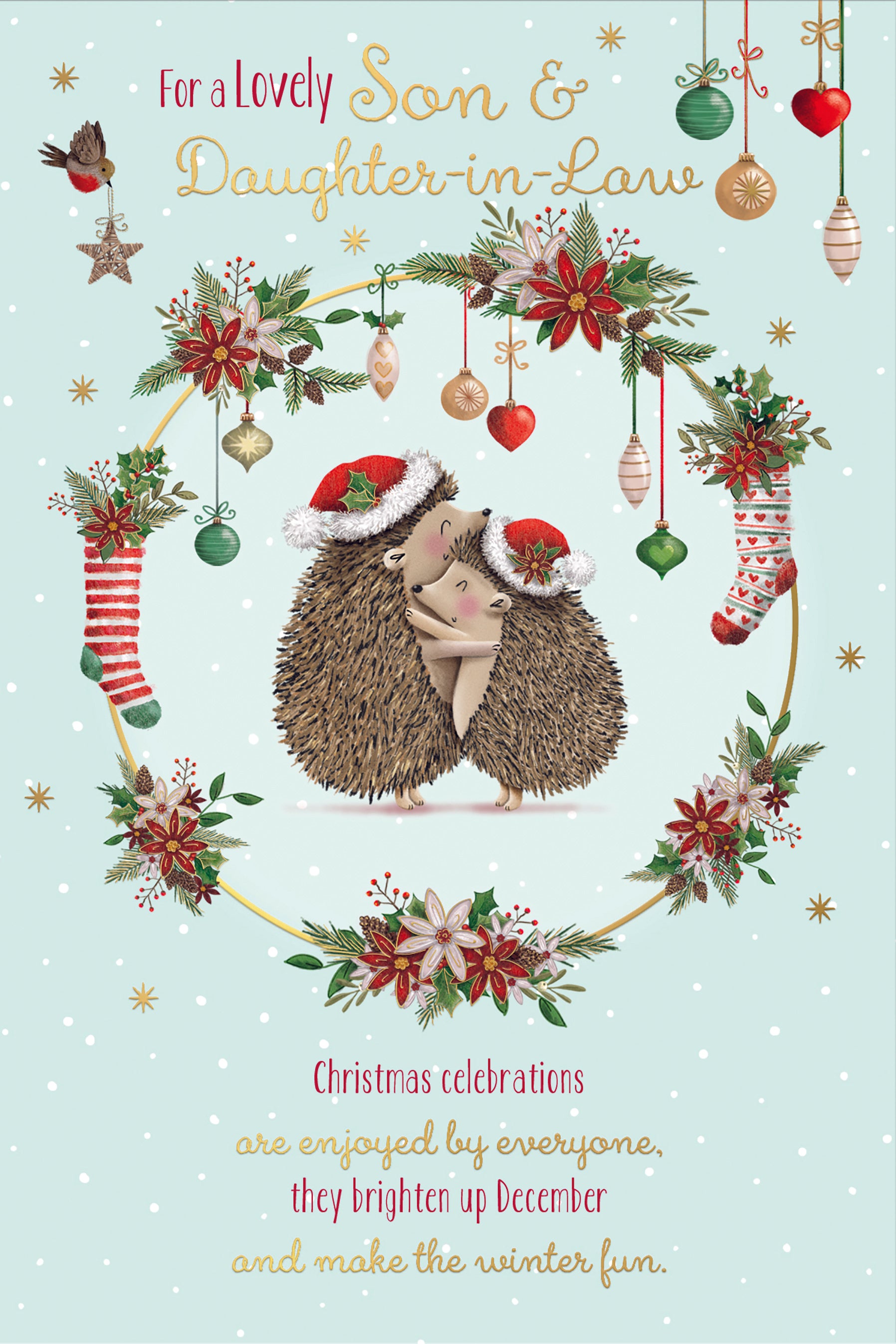 Son & Daughter-In-Law Christmas Card - Hedgehogs Hugging