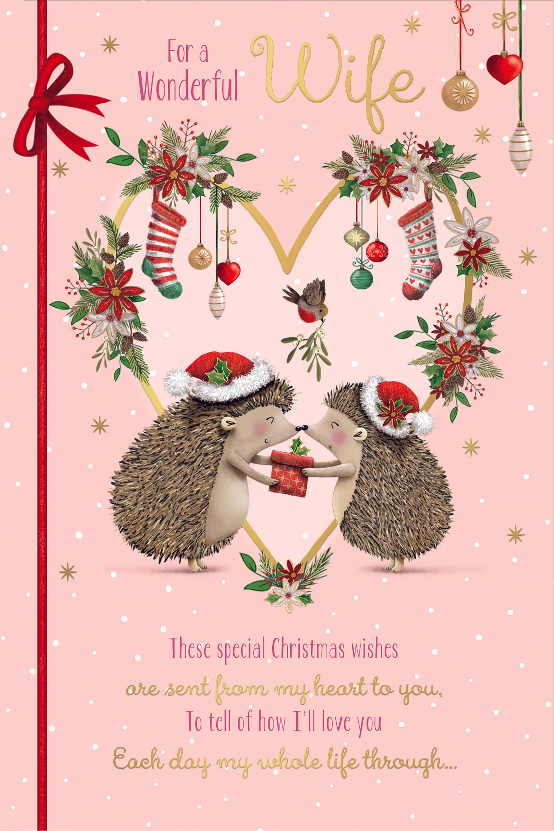 Wife Christmas Card - Two Hedgehogs In Santa Hats