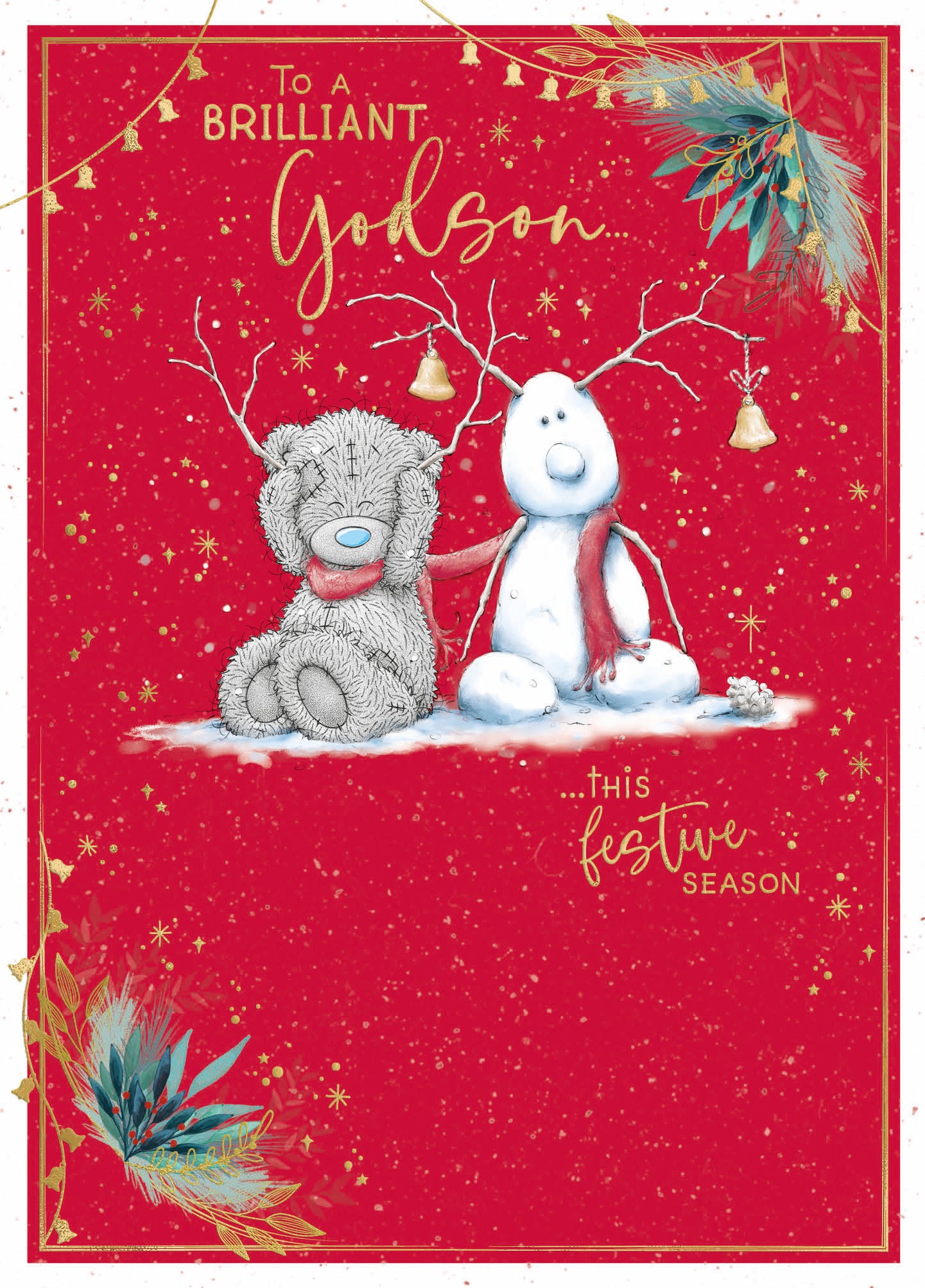 Godson Christmas Card - Bear Sitting Next To Snow Reindeer