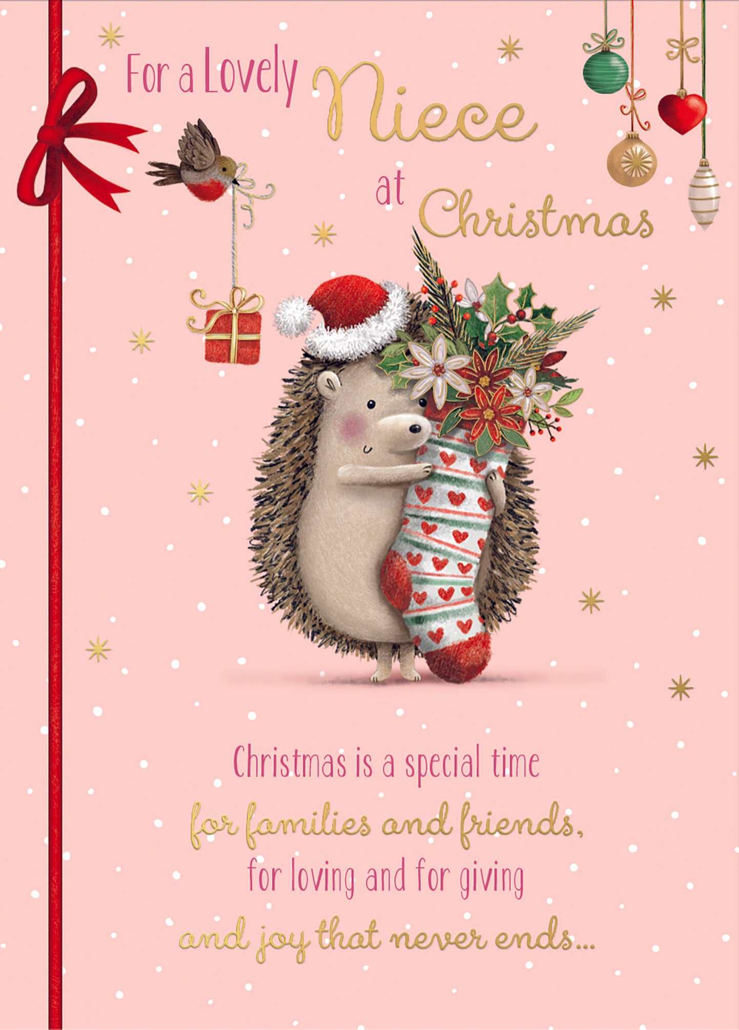 Niece Christmas Card - Hedgehogs With Xmas Stoking