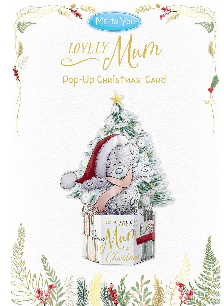 Lovely Mum Pop Up Christmas Card - Bear In Front Of Christmas Card