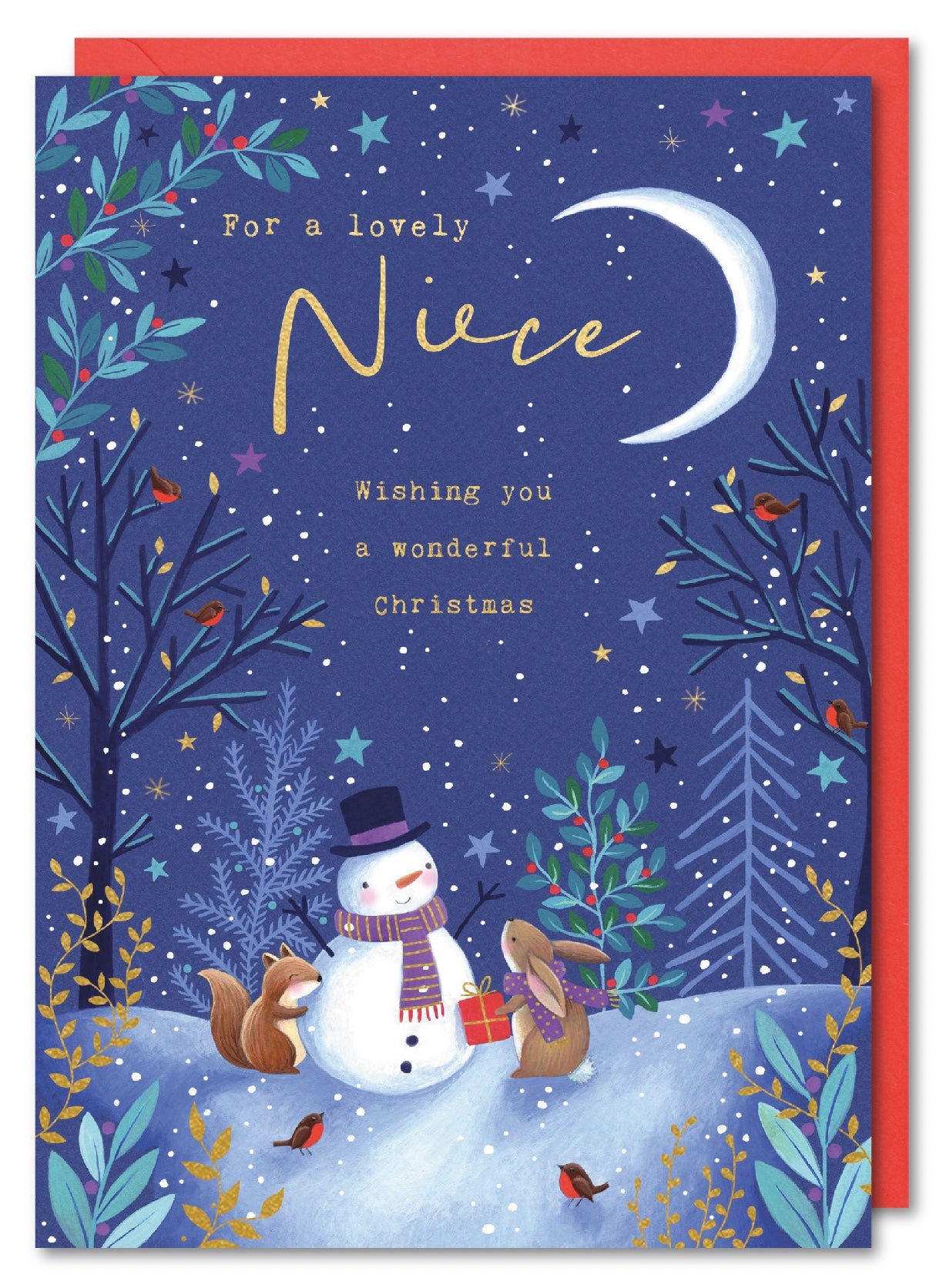 Niece Christmas Card - Snowmen, Bunnies and Foxes