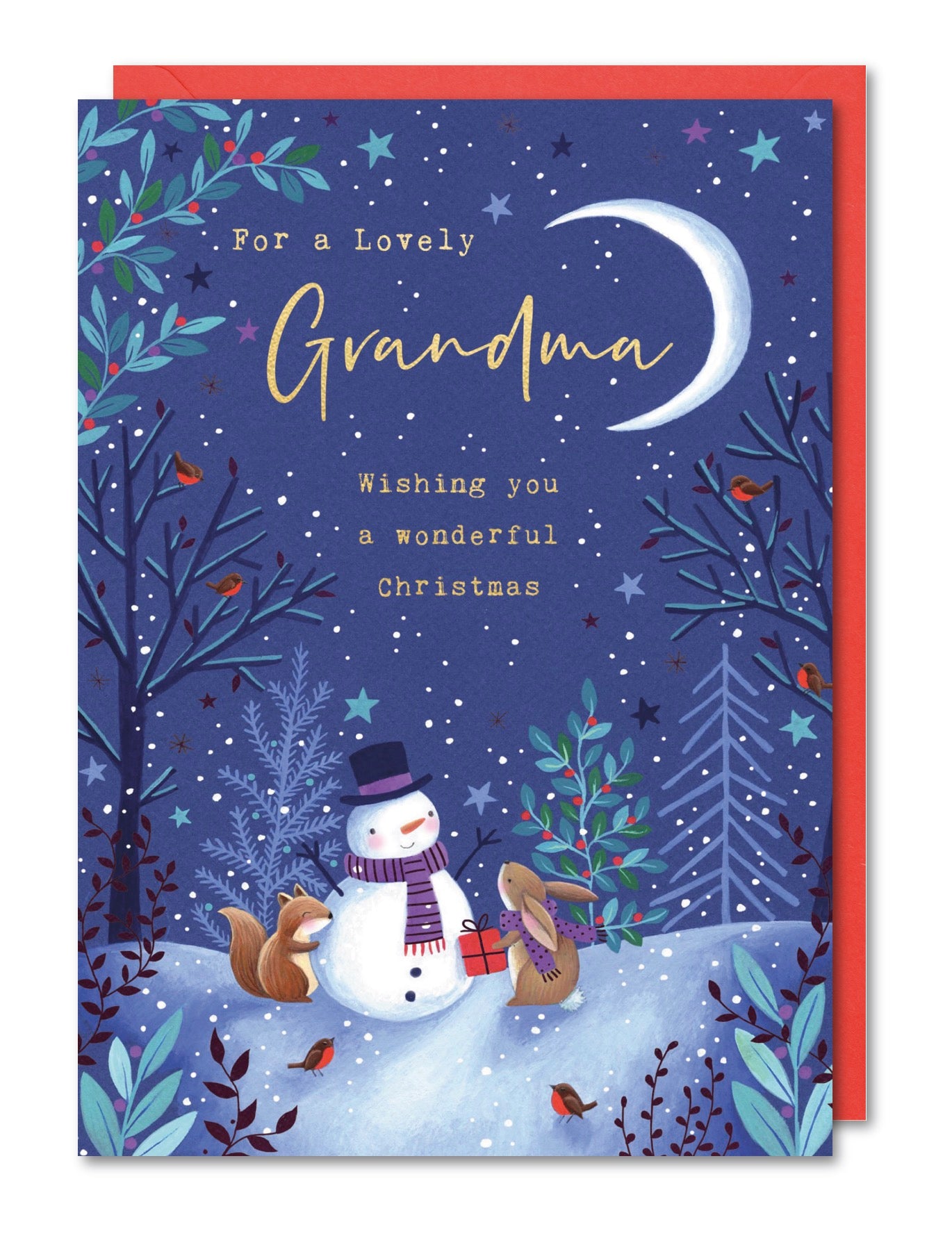 Grandma Christmas Card - Snowman, Bunnies and Foxes