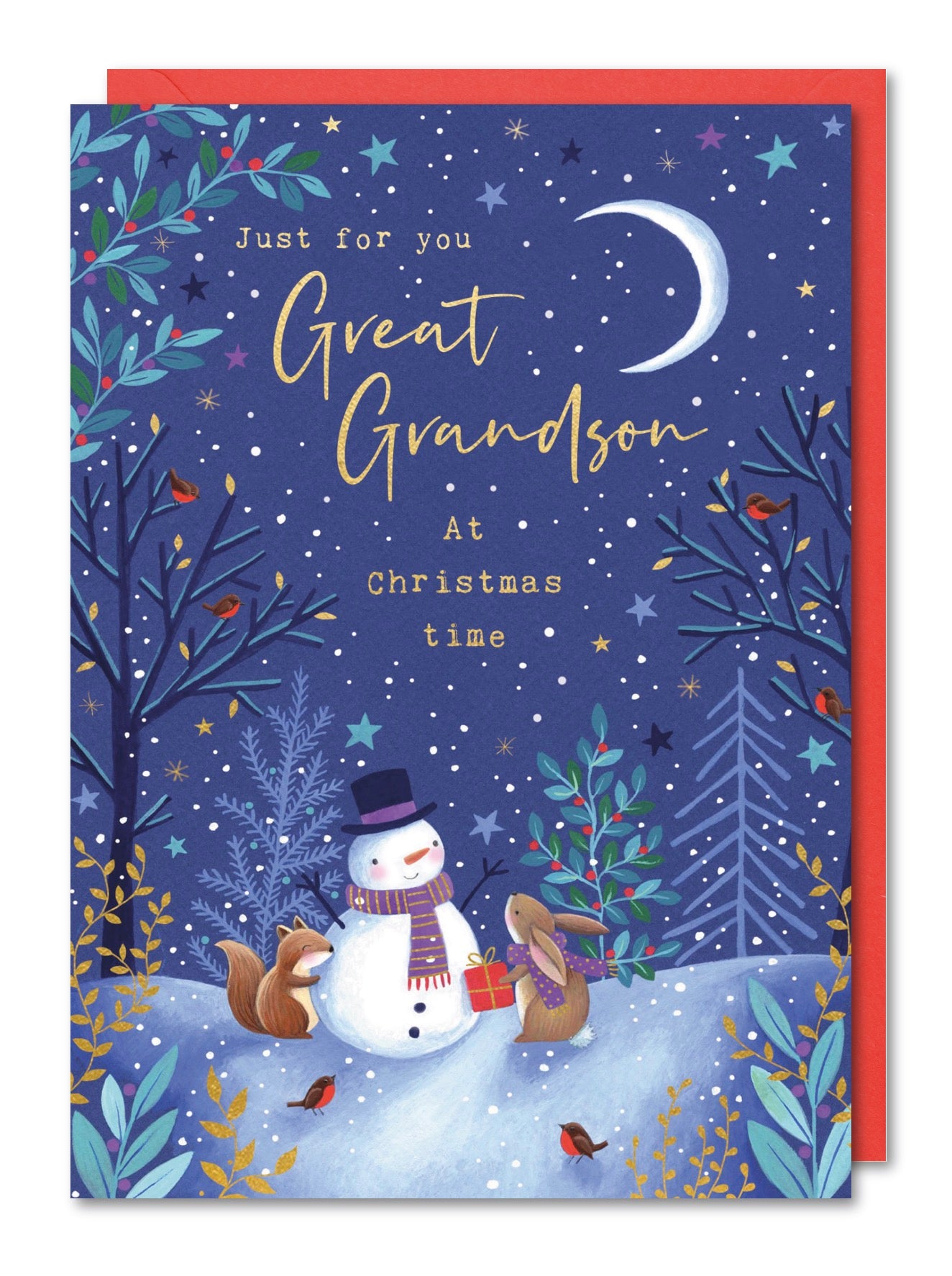 Great Grandson Christmas Card - Snowman, Bunnies and Foxes