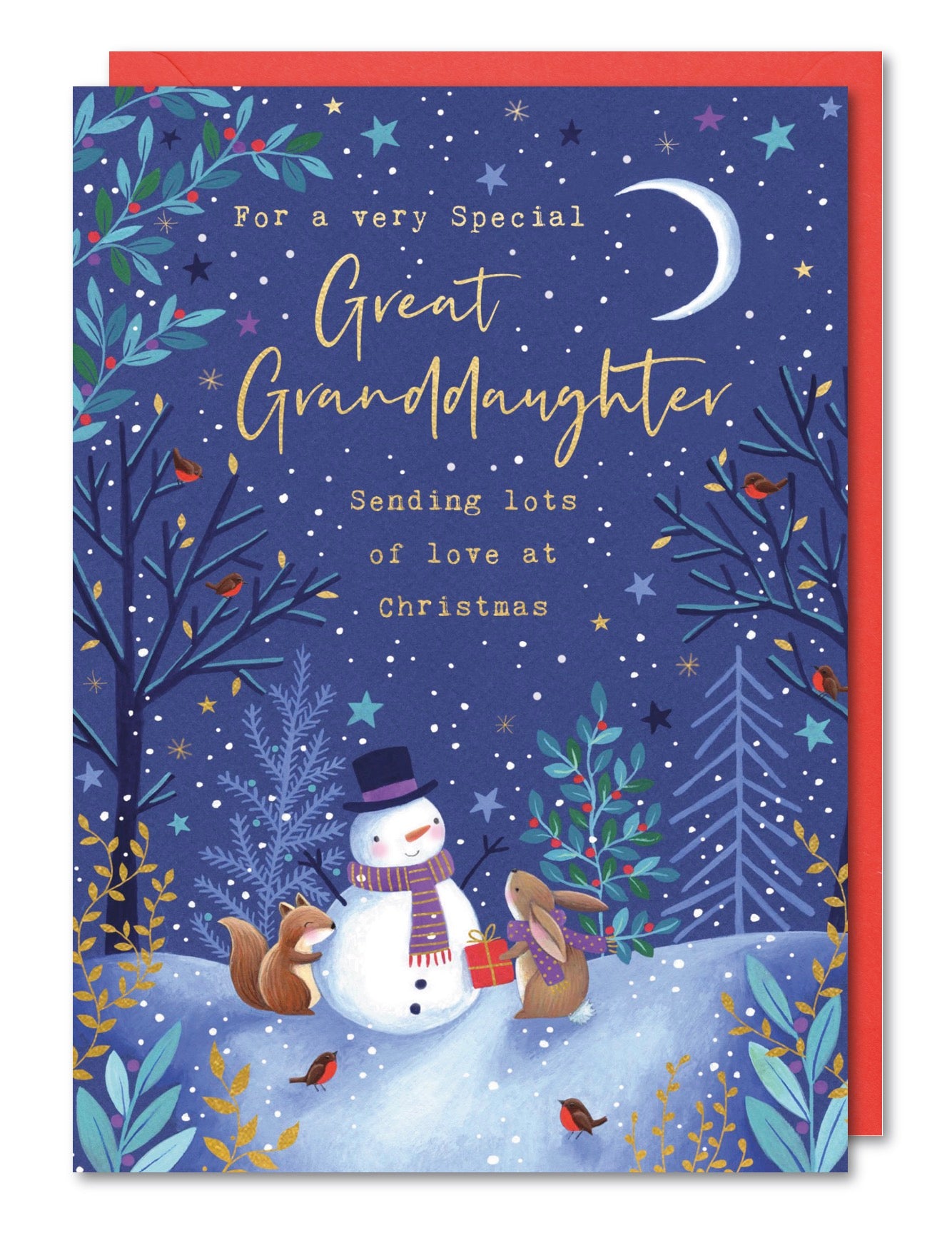 Great Granddaughter Christmas Card - Snowman, Bunnies and Foxes