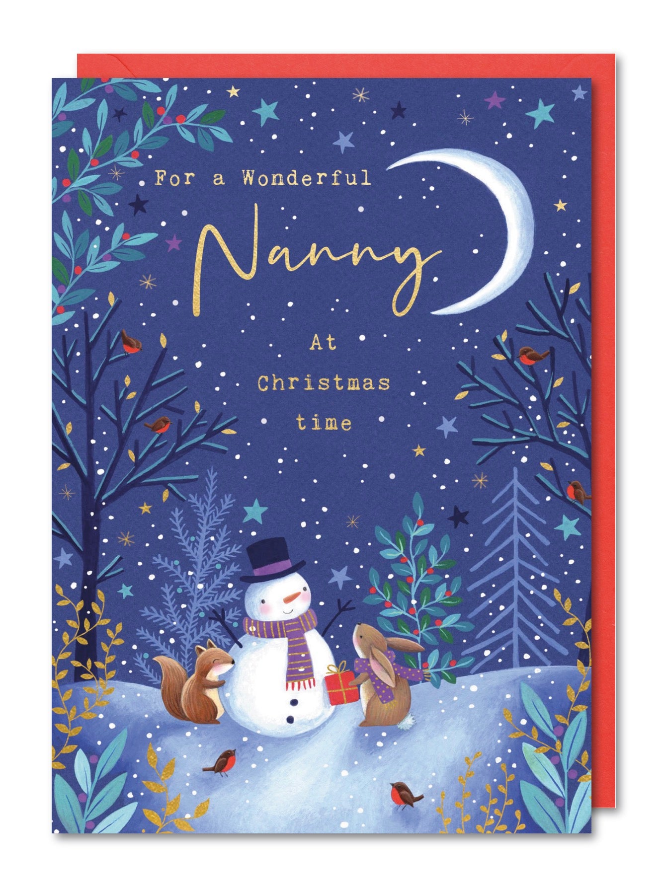 Nanny Christmas Card - Snowman, Bunnies and Foxes