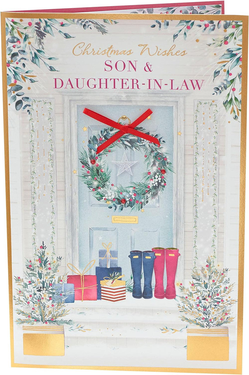 Son & Daughter-in-Law Christmas Card - Wreaths, Gifts and Boots to Celebrate