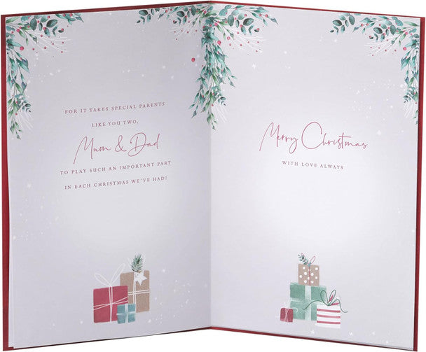 Mum & Dad Christmas Card - Fireplace Stockings and Presents