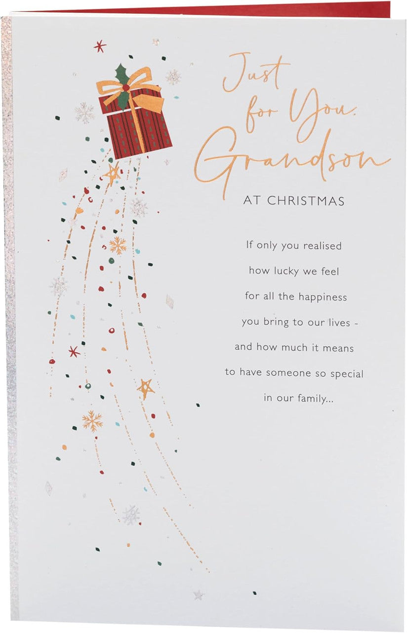 Large Grandson Christmas Card - Snowflakes & Shooting Present