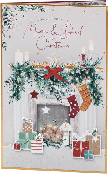 Mum & Dad Christmas Card - Fireplace Stockings and Presents