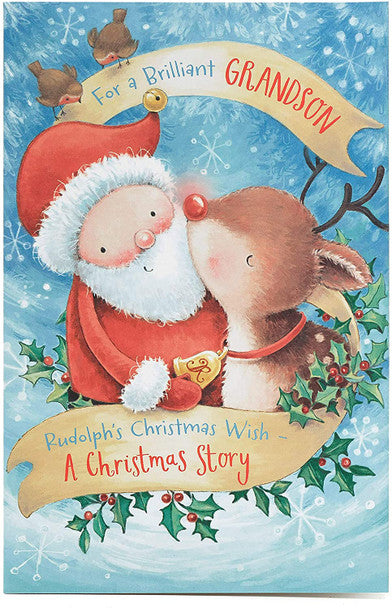 Grandson Christmas Card - Rudolph and Santa Storybook