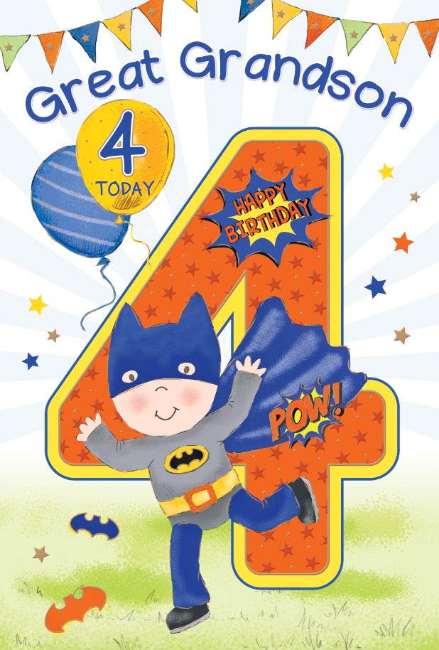 Great-Grandson 4th Birthday Card - Super Hero