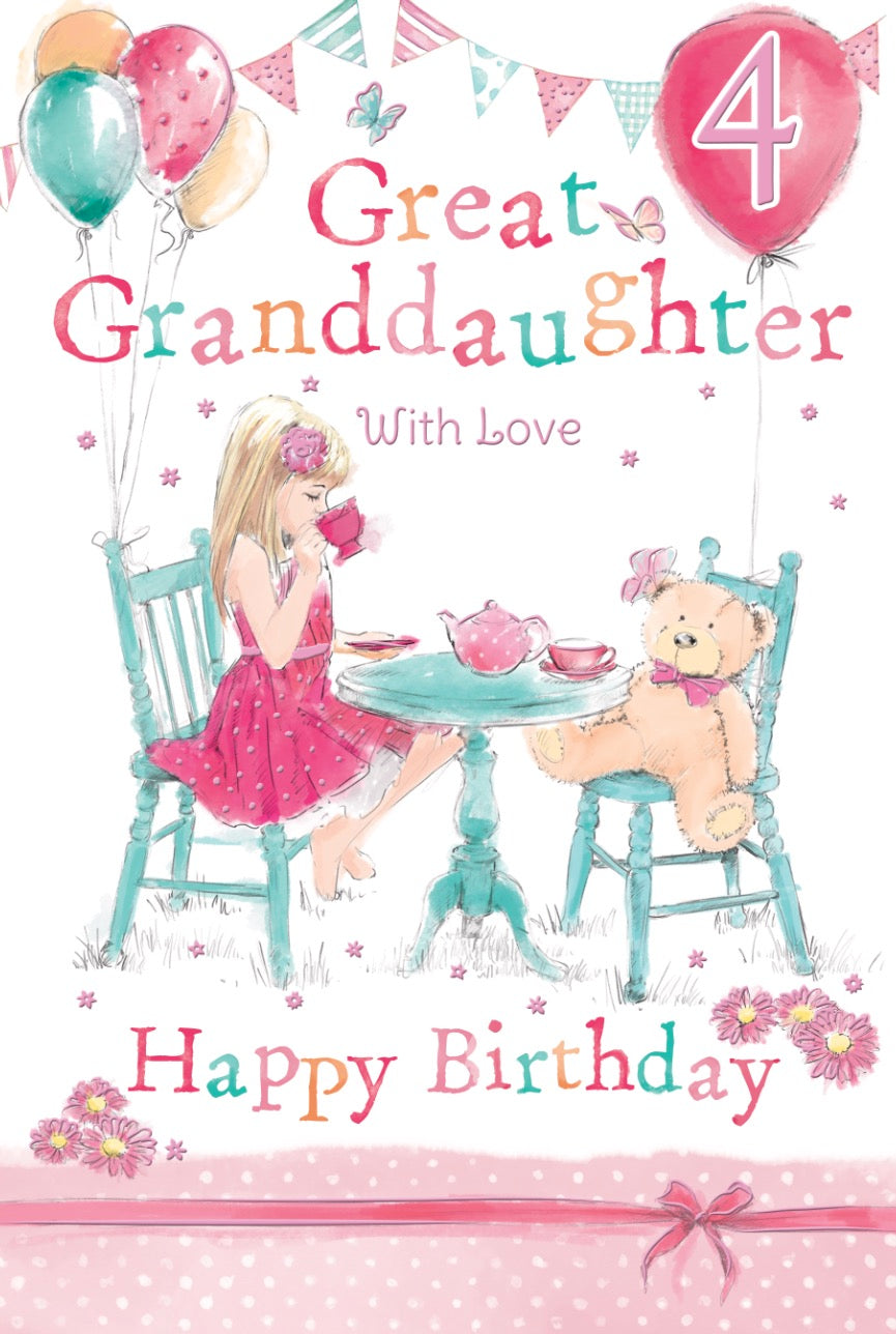 Great-Granddaughter 4th Birthday Card - Tea Time 