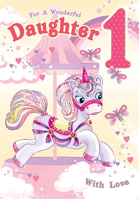 Daughter 1st Birthday Card - Unicorn Merry Go Round