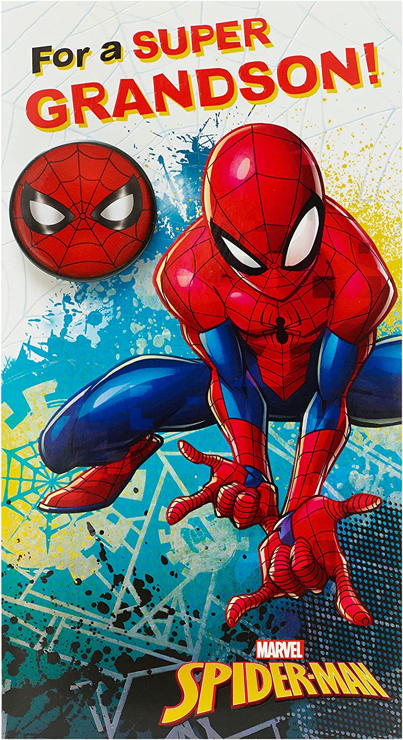 Grandson Birthday Card - Spiderman - Badge Included - Colouring Activities Inside