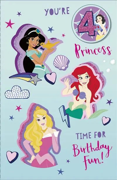 4th Birthday Card - Disney Princess - Badge Included