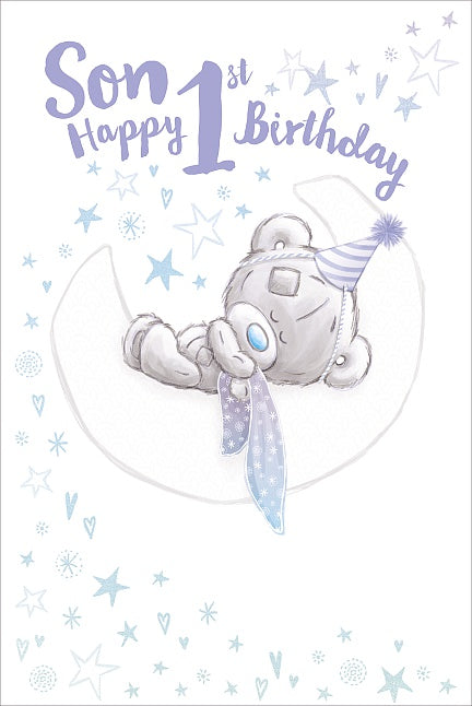 Son 1st Birthday Card - The Calm Moon Helps Totty Teddy Fall Asleep 