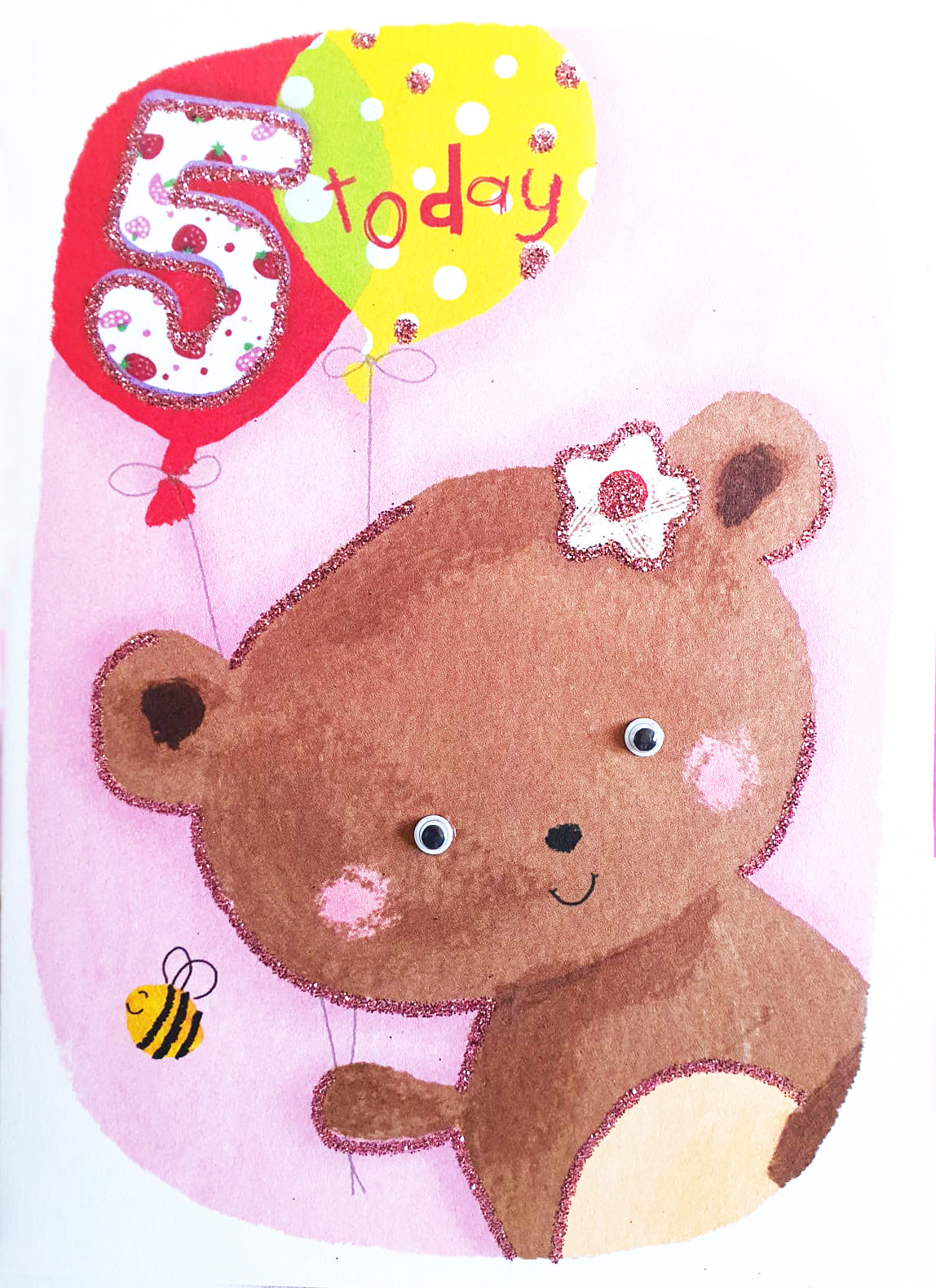 5th Birthday Card - Bear With Wobbly Eyes And Balloons