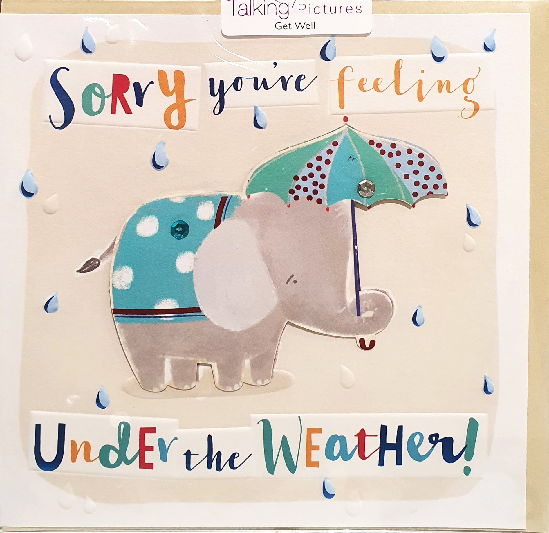 Hand-Finished Get Well Soon Card - Cute Elephant To Protect You From Rainy Days