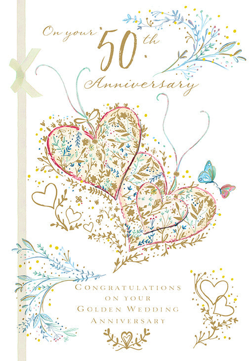 50th Wedding Anniversary Card -  Golden Intertwined Hearts with Butterflies