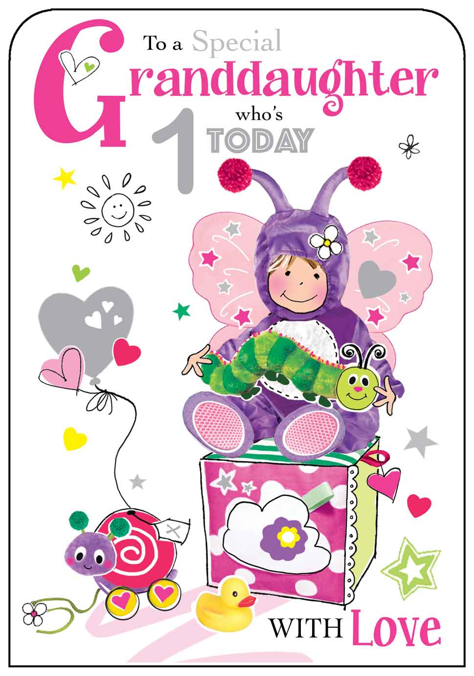 Granddaughter 1st Birthday Card - Caterpillar Butterfly Baby Toys